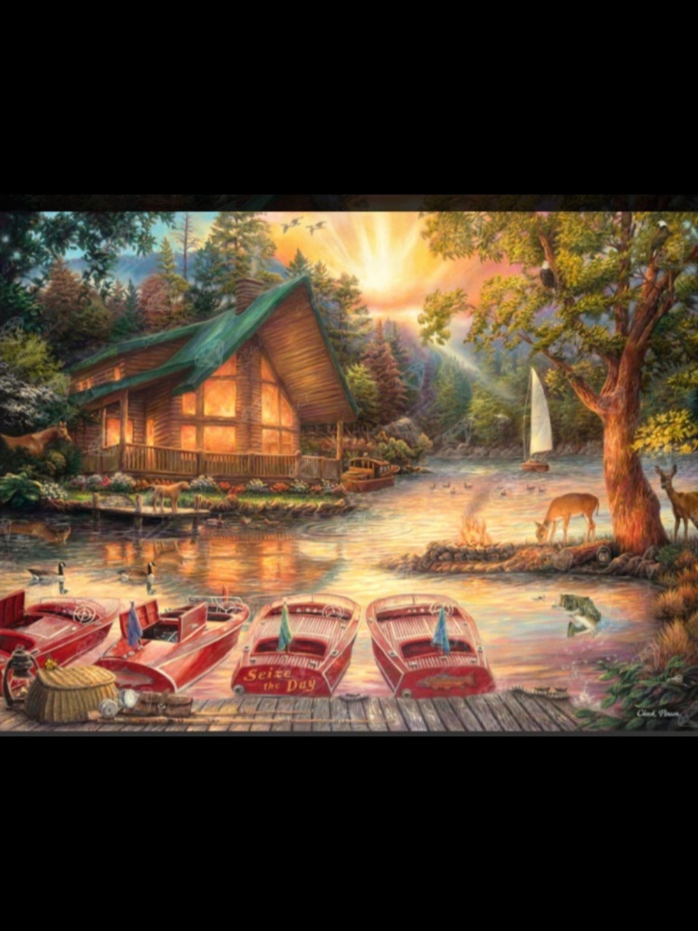 Scenic Lakeside Cabin Painting with Red Boats